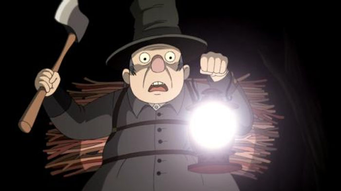 A man in black with a stovepipe hat carrying an axe, lantern, and bundle of wood, looks surprised.