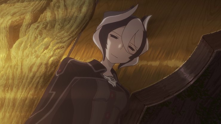 A woman with black and white hair styled like bull horns, and black eyes, stands in front of a room made out of a tree. From Made in Abyss