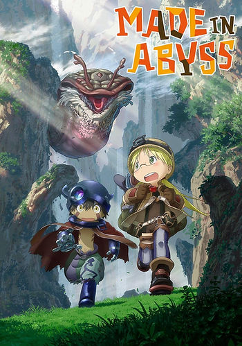 A young blonde girl (Riko) and a robottic human boy (Reg) run from a floating caterpillar-like monster in the title card for MADE IN ABYSS