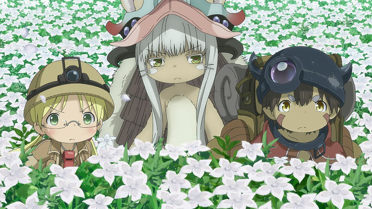 Riko, Nanachi, and Reg stand in a field of flowers from MAde in Abyss: Dawn of the Deep SOul