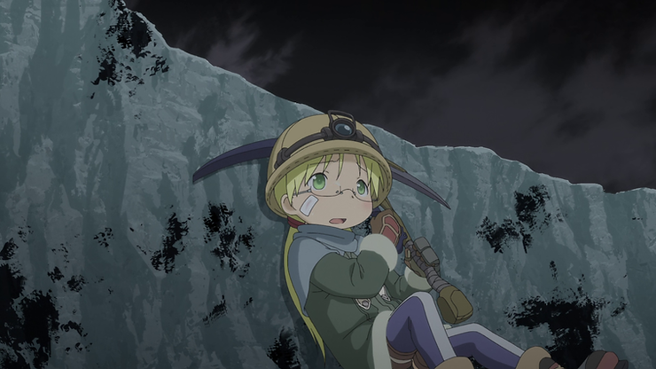 Riko, wearing cave gear and carrying a pickaxe, sits against a snowy ditch from Made in Abyss: Dawn of the Deep Soul