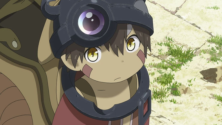 A robotic boy wearing a helmet and armored suit carries a rucksack. From Made in Abyss