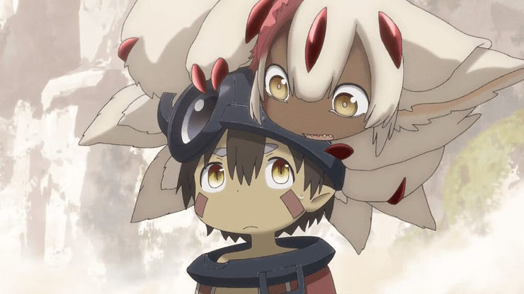 A furry humanlike animal sits atop a robot boy's head. The characters are Faputa and Reg from Made in Abyss Season Two.