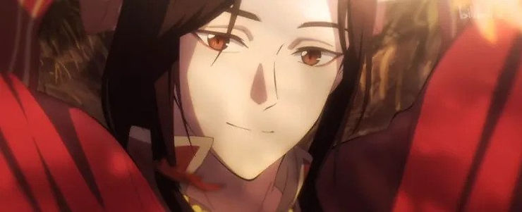 A young man with long brown hair, borwn eyes, and dressed in red, leans back against a pile of straw. San Lang from Heaven Official's Blessing.