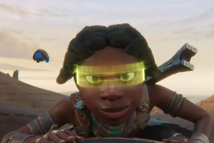 An African boy with a digital visor races on the back of a machine
