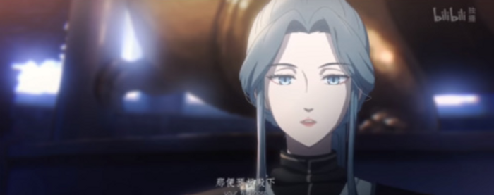 A woman with long hair pinned back and blue eyes looks into the camera. Ling Wen from Heaven Official's Blessing.