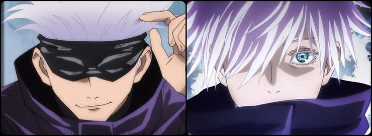 Collage of Gojou with his blindfold on and off -- Jujutsu Kaisen