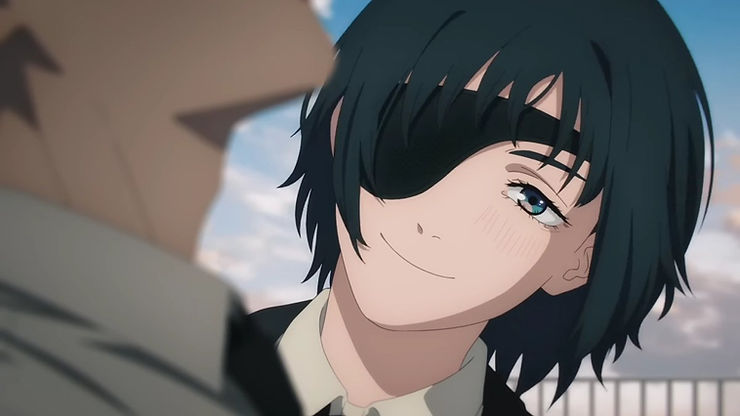 A woman with an eye patch and black hair smiles at another character whose face is offscreen. Himeno from Chainsaw Man. 