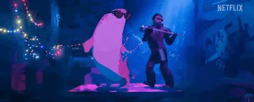 A pink shark and a knight dance with a sword. From Netflix's Nimona.