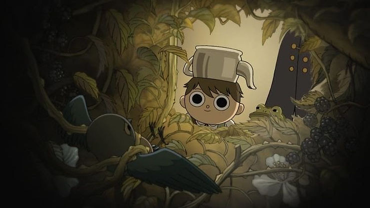 Greg, a boy wearing a tea kettle on his head, looks through a hole in a bush to save a trapped bluebird.