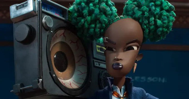 Kat, a Black girl with green curly pigtails listens to an old-school boombox from Wendell & Wild 