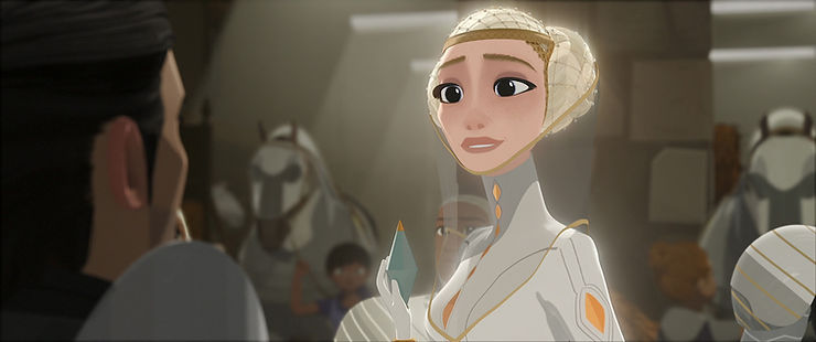 A woman with her hair hiddne by a wimple and in a highnecked dress looks at Ballister. This is the Director from Netflix's Nimona