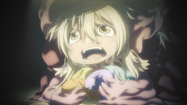 Irumyuui, a young girl with tan skin and blonde hair, is in the midst of transofmring into a horrible creature while simultaneously giving birth to baby creatures from the Abyss.  From Made in Abyss Season 2