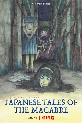 A headless girl stands in an alleyway with her heading facing the audience, and a creature with many human bodies comes out of the wall - Junji Ito Maniac Japanese Tales of the Macabre