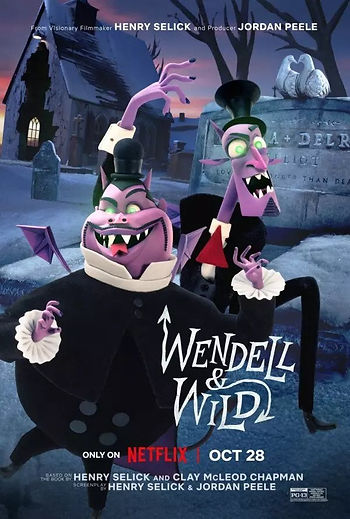 Movie poster for Henery SElick's Wendell & Wild featuring two purple demons in old-fashioned black suits