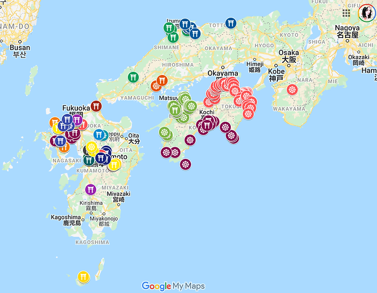 Google maps indicating shrines and temples all over Western Japan. 