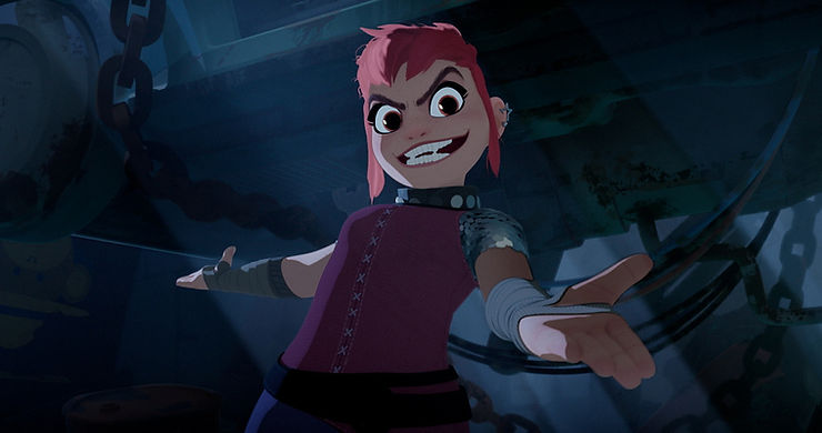 A girl with pink hair and sharp teeth and large eyes smiles menacingly with her arms open at her sides. Nimona from Netflix's Nimona