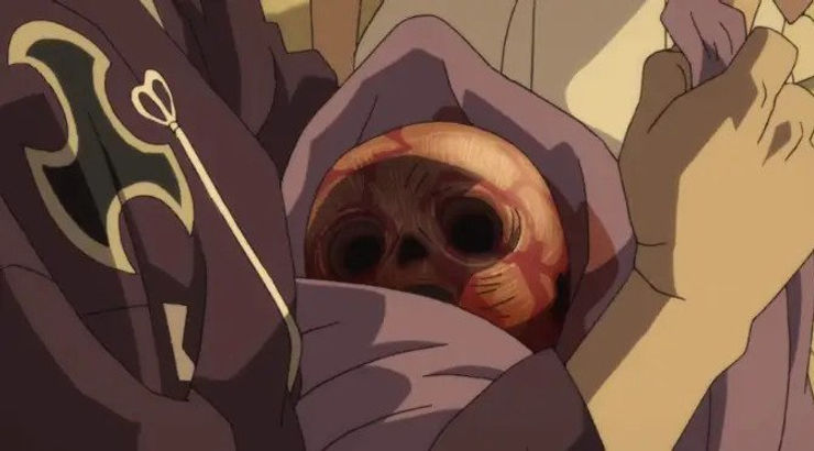 A woman cradles a heavily deformed baby without eyes, nose, ears, or skin