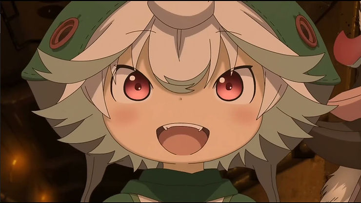 A girl with white and green curly hair and red eyes smiles - Prushka from Made in Abyss: Dawn of the Deep Soul