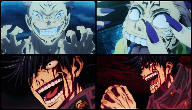 Collage of crazed faces by Sukuna and Megumi -- Jujutsu Kaisen