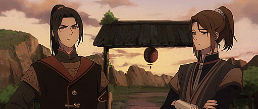 Nan Feng, with black hair, and FU Yao, with brown hair, look annoyed and perturbed standing in front of a gate with a red lantern hanging from it. From Heaven Official's Blessing