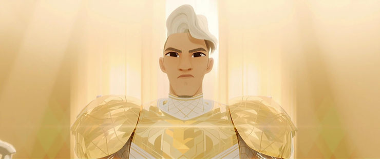 A man with golden-white hair and golden armor with a gold background looks into the camera. Ambrosius from Netflix's Nimona