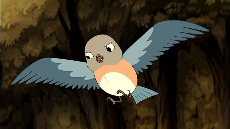 A cartoon bluebird looks annoyed as she flies in the forest
