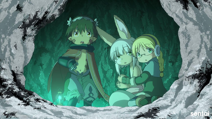 Reg, Nanchi, and Riko are in a snowy cave in a still from Made in Abyss: Dawn of the Deep Soul