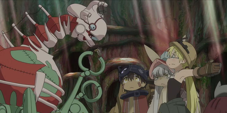 Majikaja, a skeletal-robot looking Hollow, talks to Reg, Riko, and Nanachi in Made in Abyss Season 2.