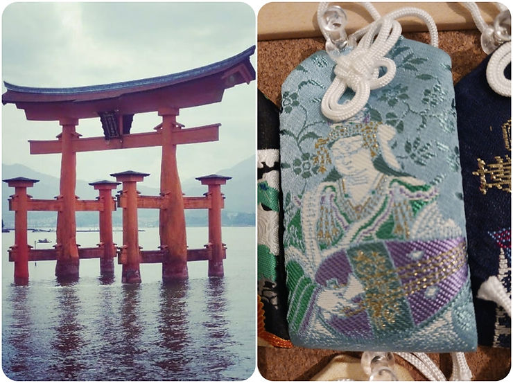 At left, a photo of red torii gates coming out of the sea. At right, a sky-blue omamori featuring the goddess Benzaiten.
