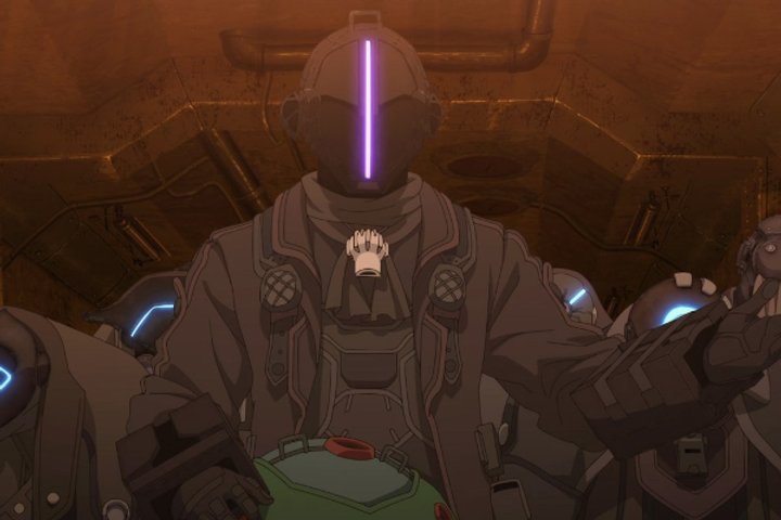 A man in all black with a white whistle and black mask with purple laser in the center is Bondrwed from Made in Abyss: Dawn of the Deep Soul