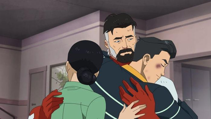 Mark Grayson hugging his father and mother from INVINCIBLE