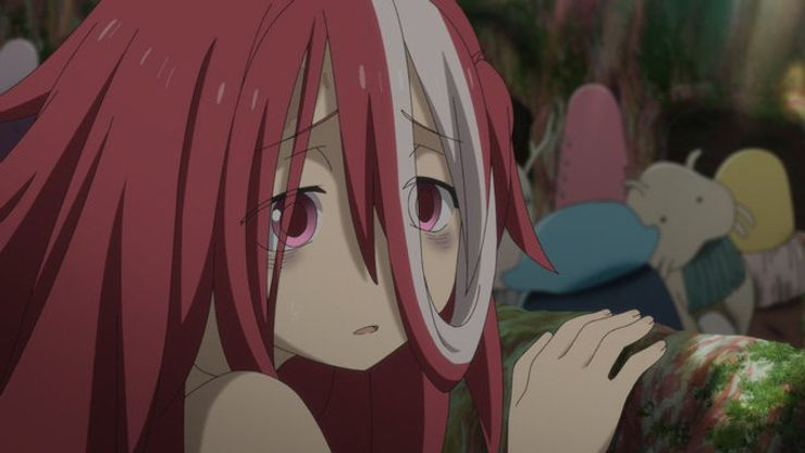 Vueko, A girl with red and white hair and pink eyes looks disheveled in Made in Abyss Season 2