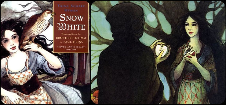 Book cover to Snow White and interior illustration